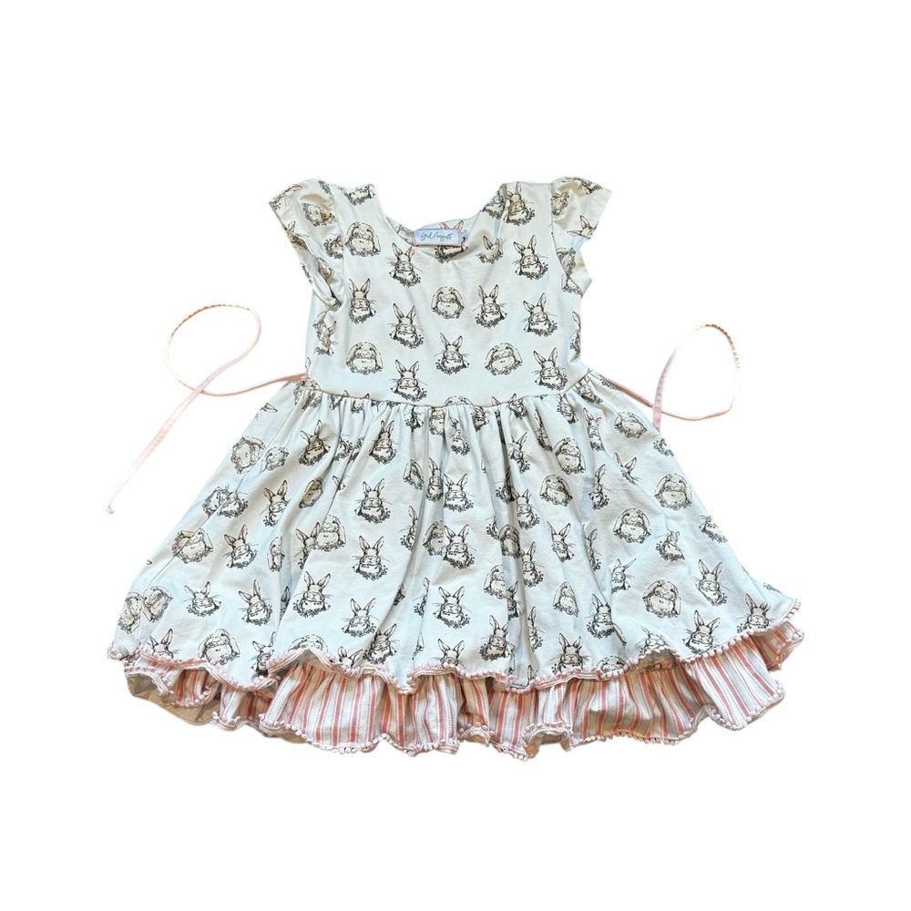 Girl August Charming Bunny Print Dress with Ruffle Hem Sz 7